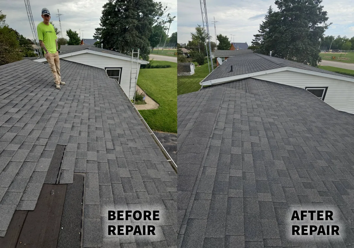 Before and after roof repair showing wind-damaged shingle replacement in El Cajon, CA
