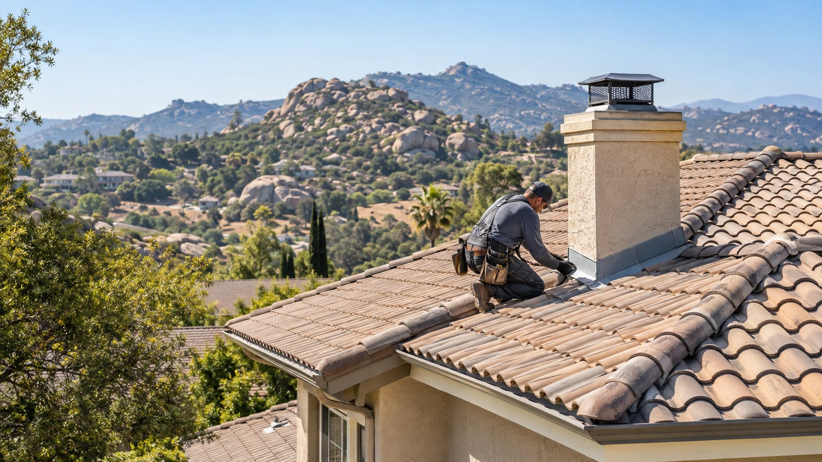Detailed roof valley flashing installation on a hillside home in Granite Hills, California