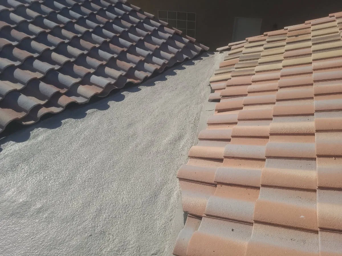 Inspection of deteriorating roof valley flashing and tile underlayment in El Cajon, CA