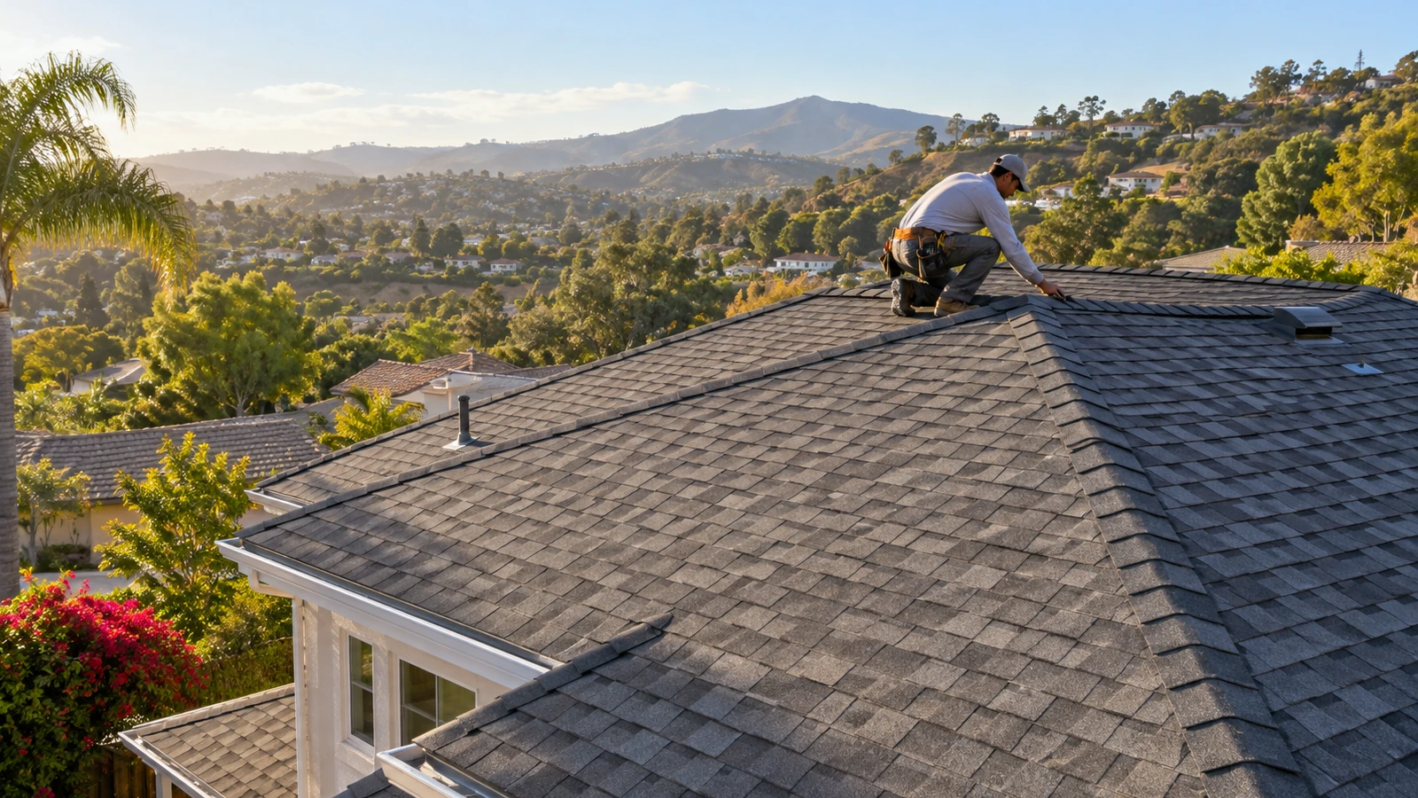 Roofing professional inspecting pipe boot flashing on a home roof in Spring Valley, CA